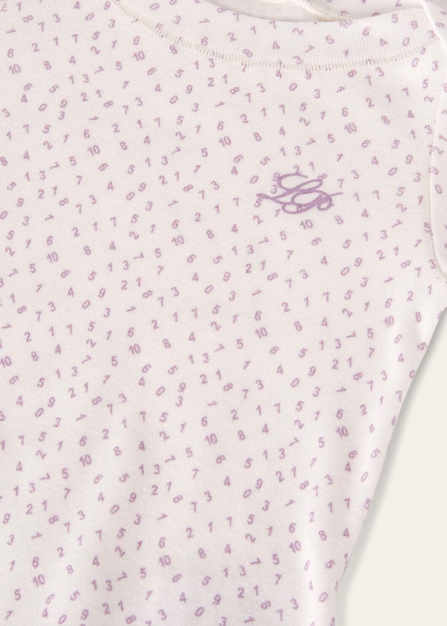 Babyrompertje met kleine cijfers, luxe katoen, wit/blauwe kleur.