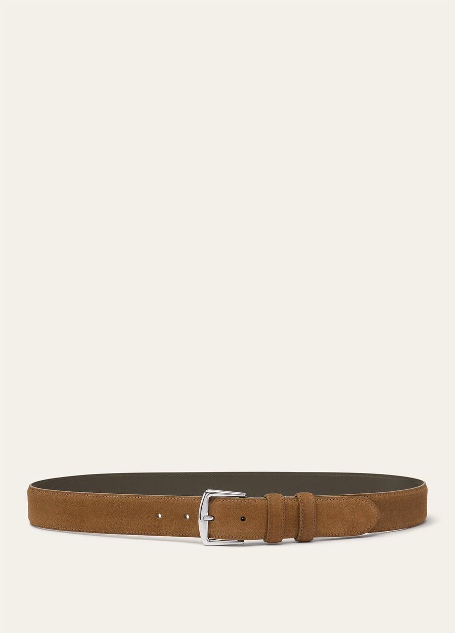 Alsavel riem van gesplitst kalfsleer in Tundra Green suède