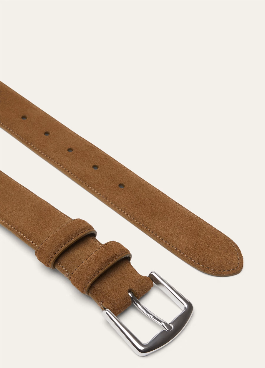 Alsavel riem van gesplitst kalfsleer in Tundra Green suède