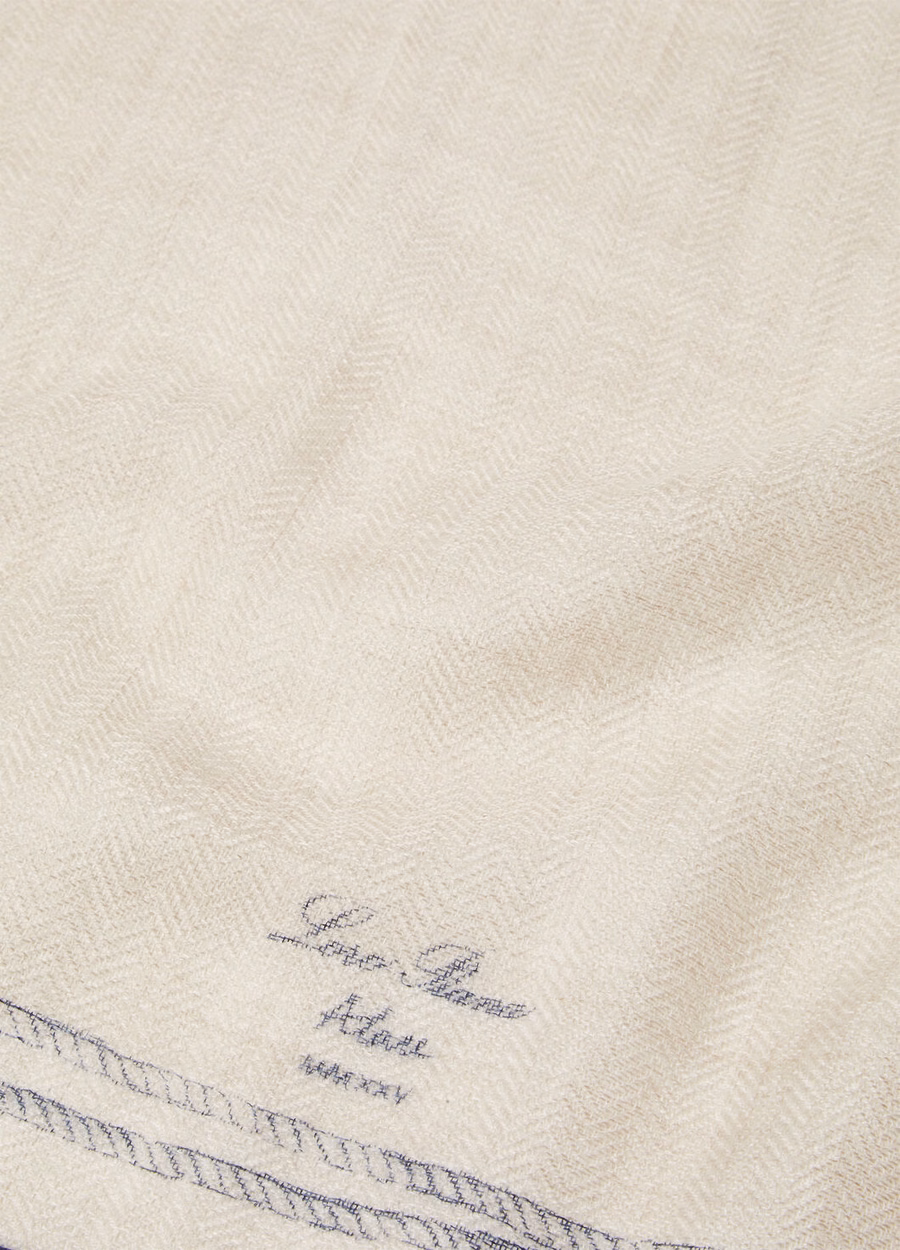 Loro Piana Alare Zijde Kasjmier Foulard Sandshell Beige/Marineblauw