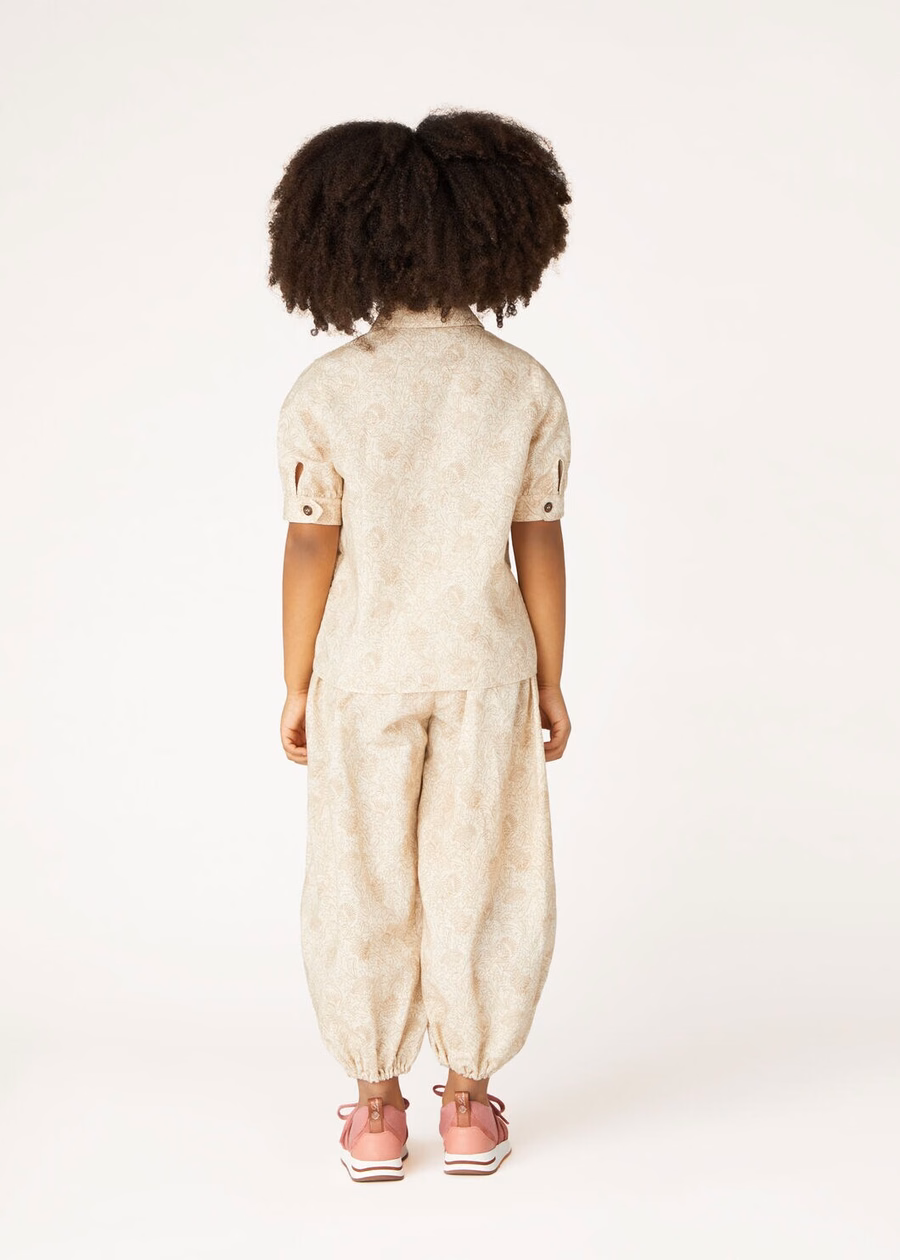 Jerome-shirt voor kinderen, katoen, linnen, crème esdoorn/bruin mosgroen