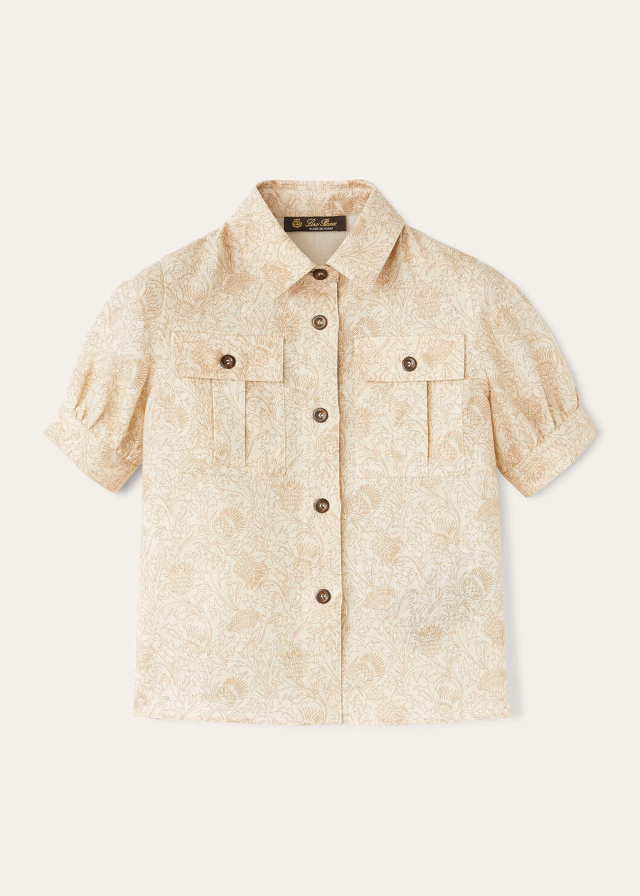 Jerome-shirt voor kinderen, katoen, linnen, crème esdoorn/bruin mosgroen