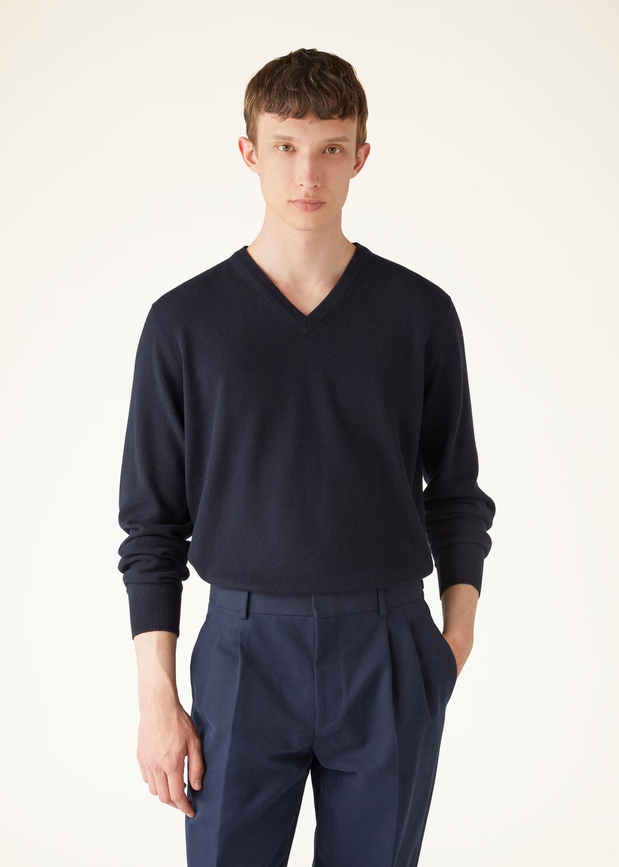 Klassieke V-hals babykasjmier in marineblauw