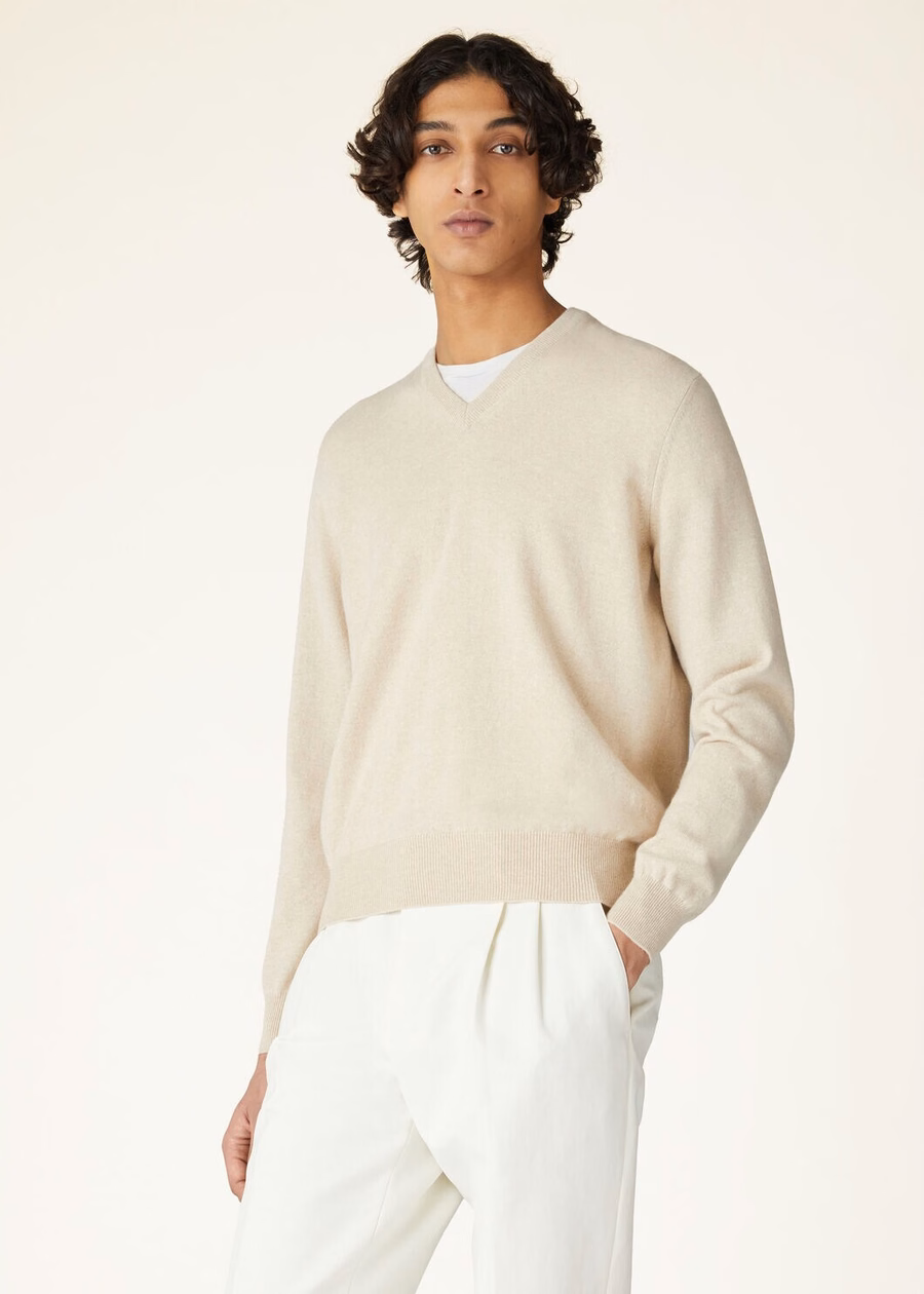 Klassieke V-hals Baby Cashmere Melange Natural