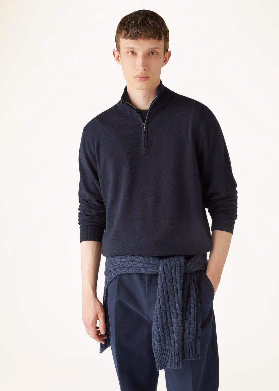 Klassieke kasjmier trui voor kinderen met halve ritssluiting, marineblauw.