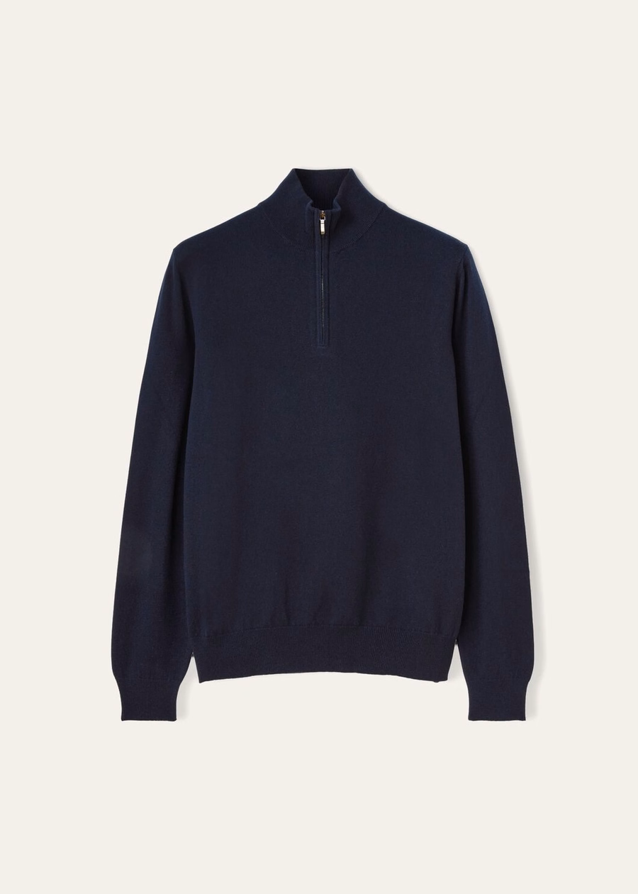 Klassieke kasjmier trui voor kinderen met halve ritssluiting, marineblauw.