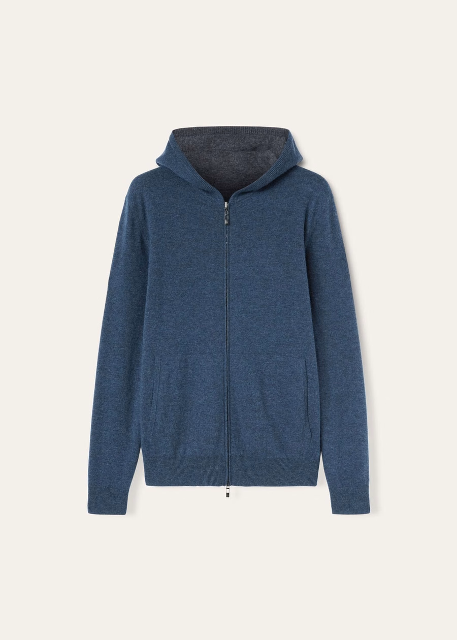 Duo Cashmere Melange Teal/Charcoal Melange Hooded Bomber Sweater