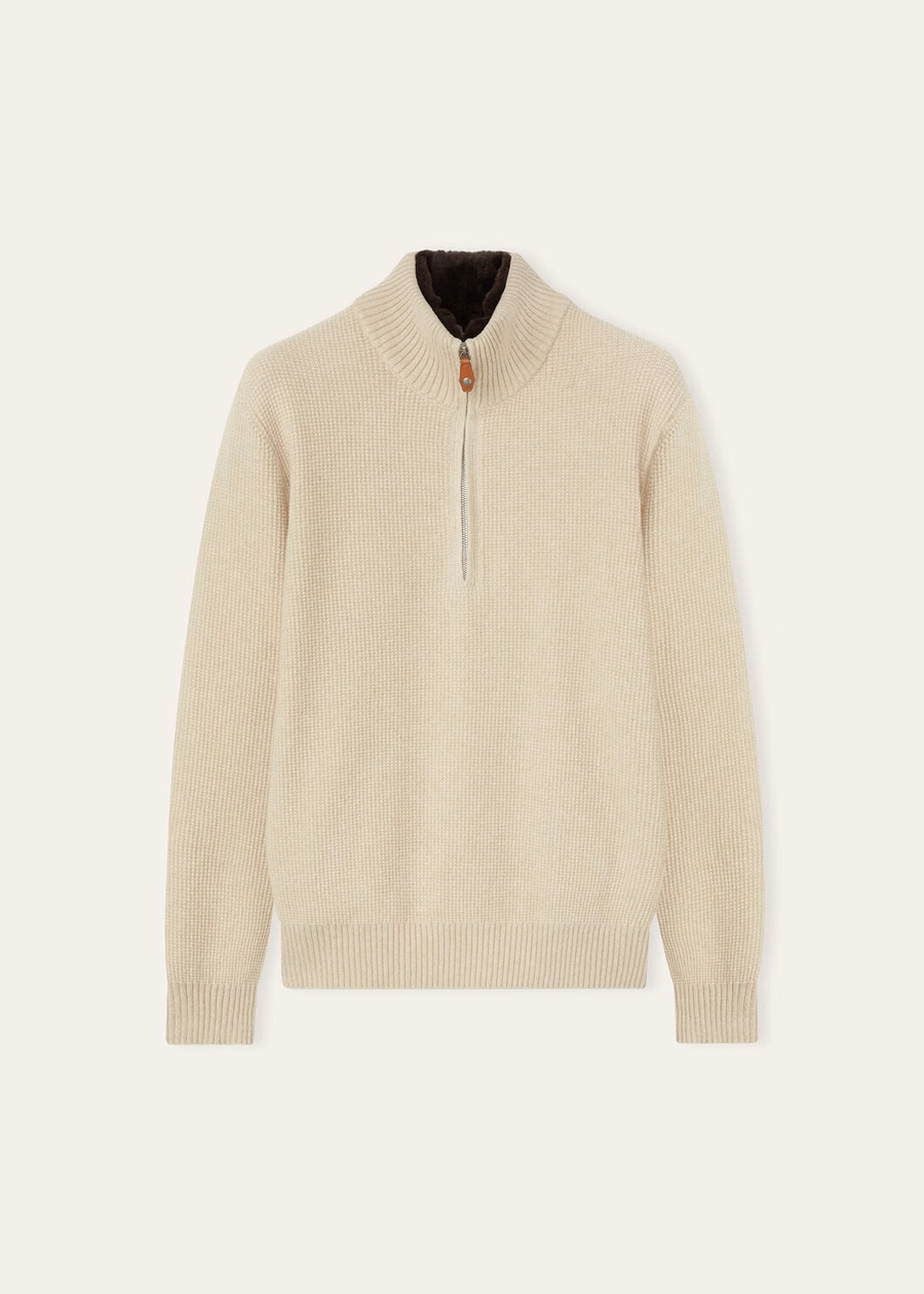 Alpe Baby Cashmere Coarsehair® trui met halve hals, crèmekleurige kasjmier melange
