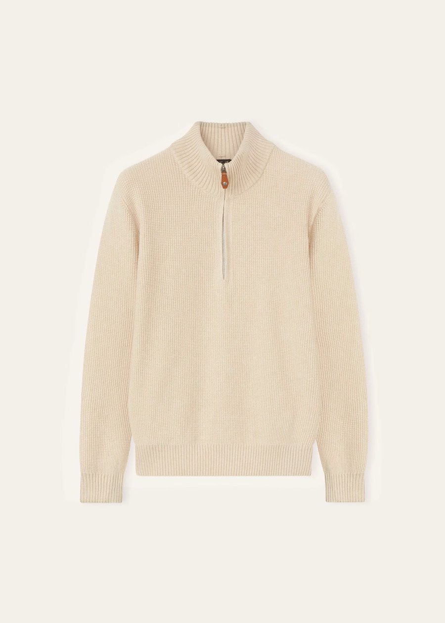 Alpe Baby Cashmere Coarsehair® trui met halve hals, crèmekleurige kasjmier melange