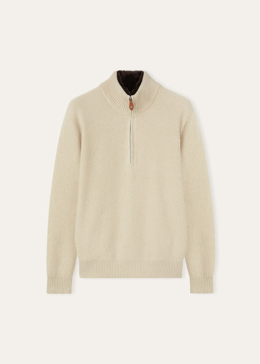 alpe baby cashmere coarsehair trui met halve hals crèmekleurige kasjmier melange
