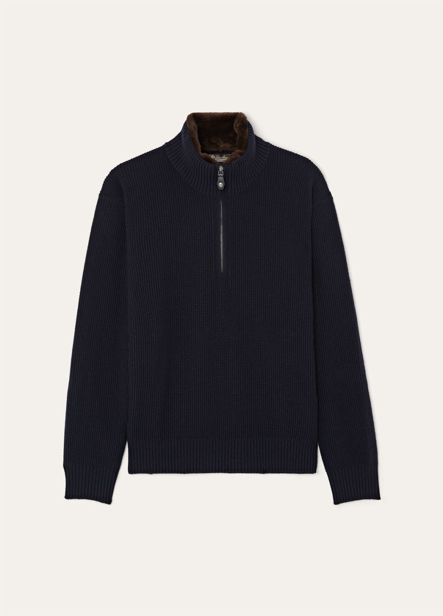 alpe baby cashmere coarsehair trui met halve hals marineblauw