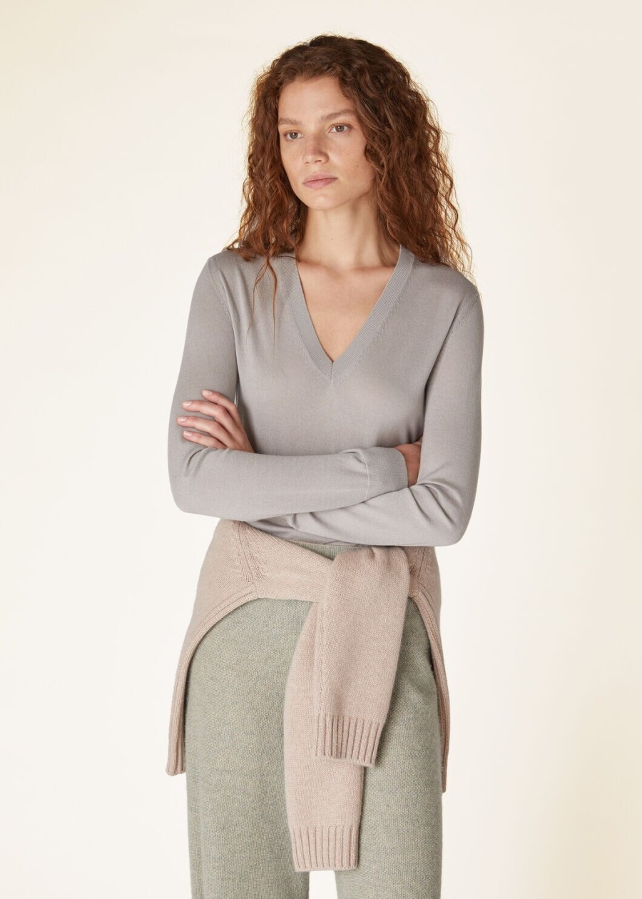 nieuwe piuma v-hals trui in kasjmier azuurgrijsdenimblauw