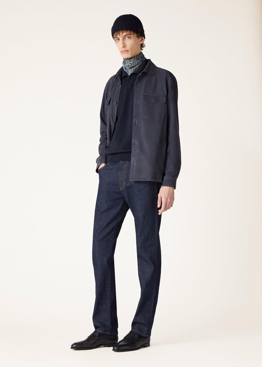 Loro Piana geitenleren overshirt marineblauw