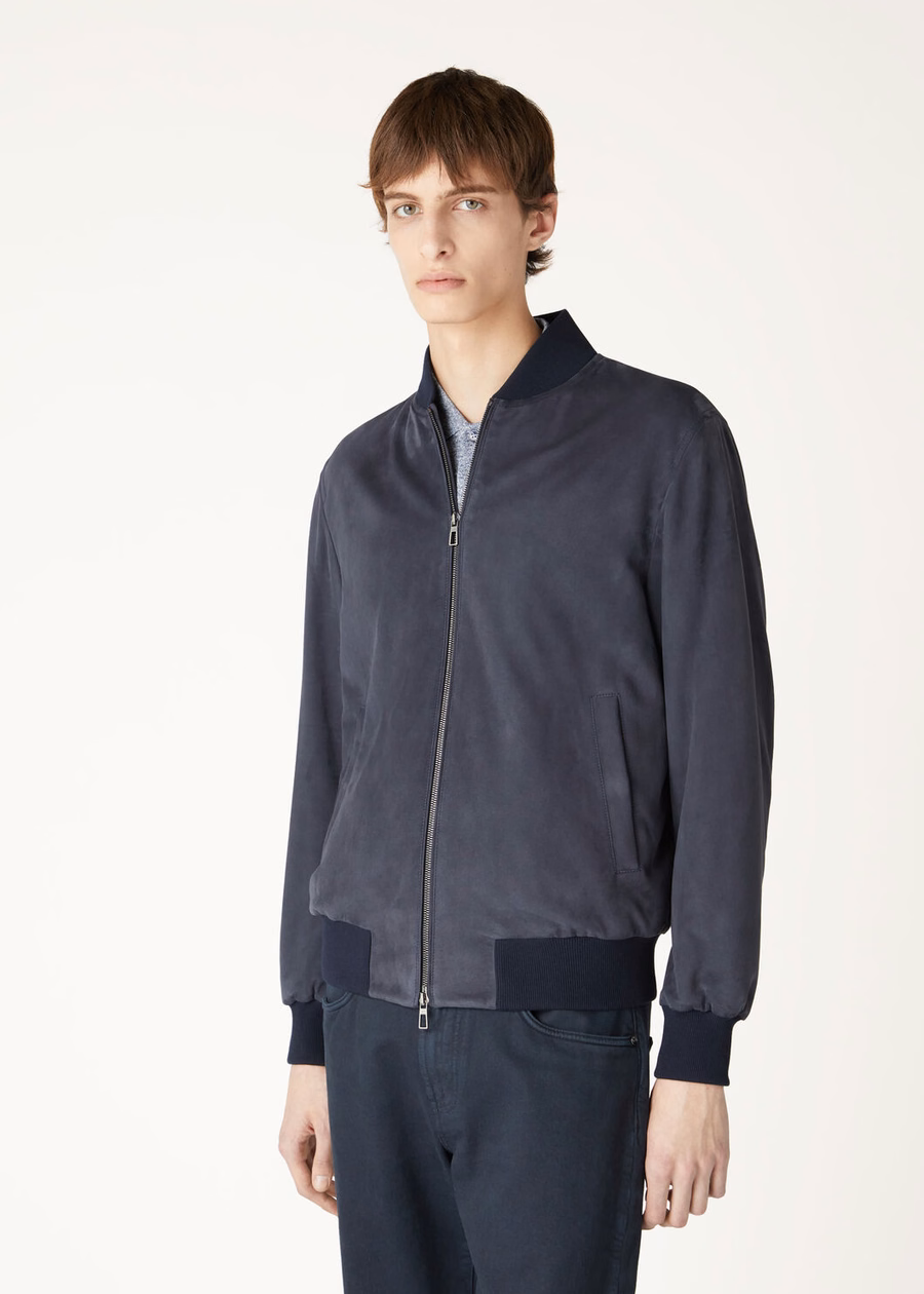 Loro Piana Ivy bomberjack geitenleer marineblauw