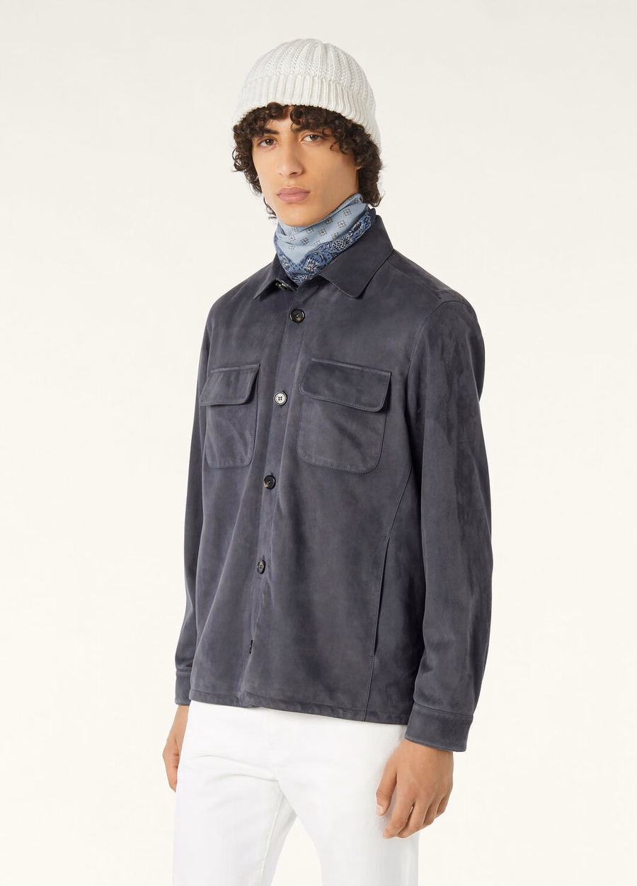 Loro Piana geitenleren overshirt marineblauw