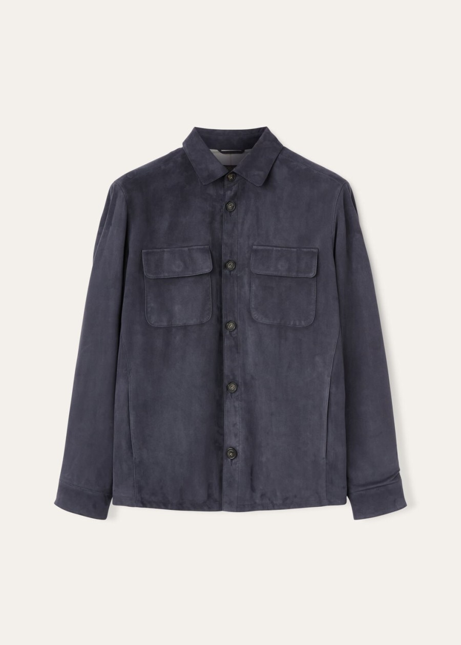 loro piana geitenleren overshirt marineblauw