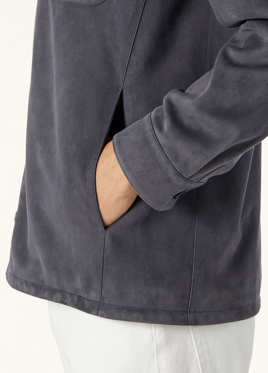 loro piana geitenleren overshirt marineblauw