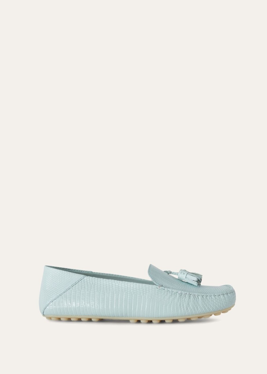 mocassins van hagedissenleer met stippenzool in de kleur azuurblauw en saffier.