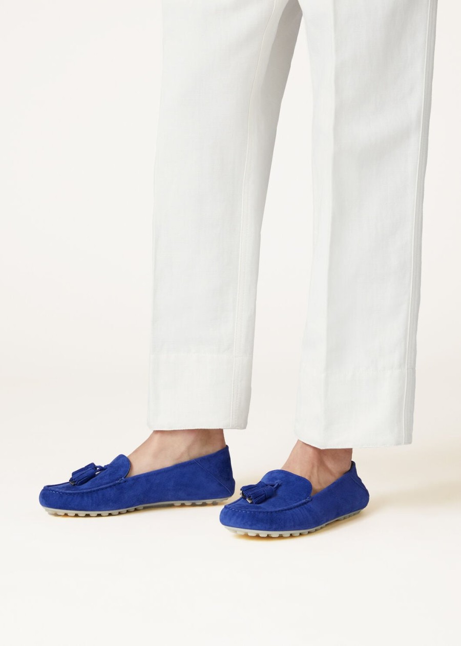 mocassins met stippenzool fluorietblauw geitenleer