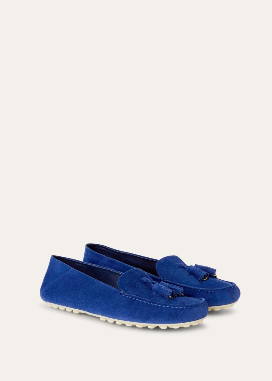 mocassins met stippenzool fluorietblauw geitenleer