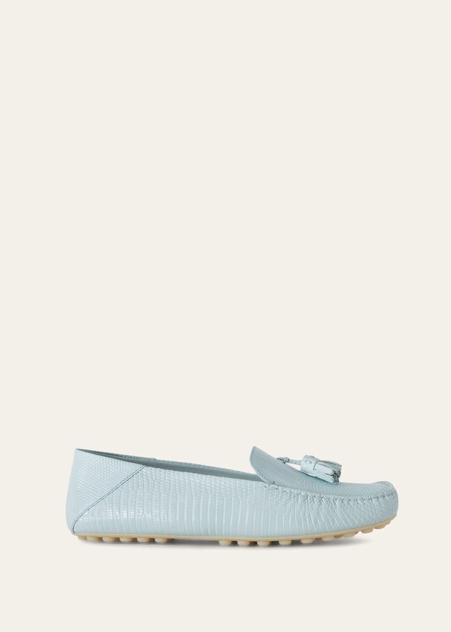 Mocassins van hagedissenleer met stippenzool in de kleur azuurblauw en saffier.