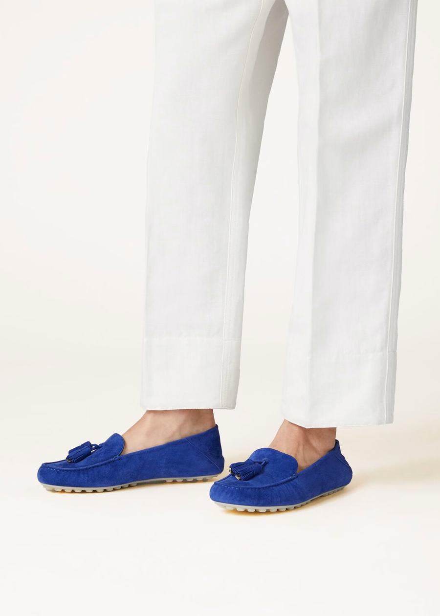 Mocassins met stippenzool, fluorietblauw geitenleer