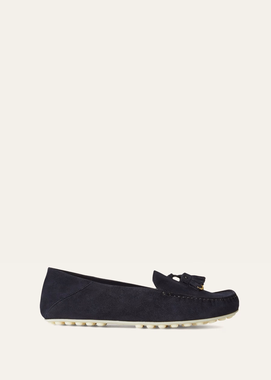 Mocassins met stippenzool in geitenleer, marineblauw/zonnegoud.