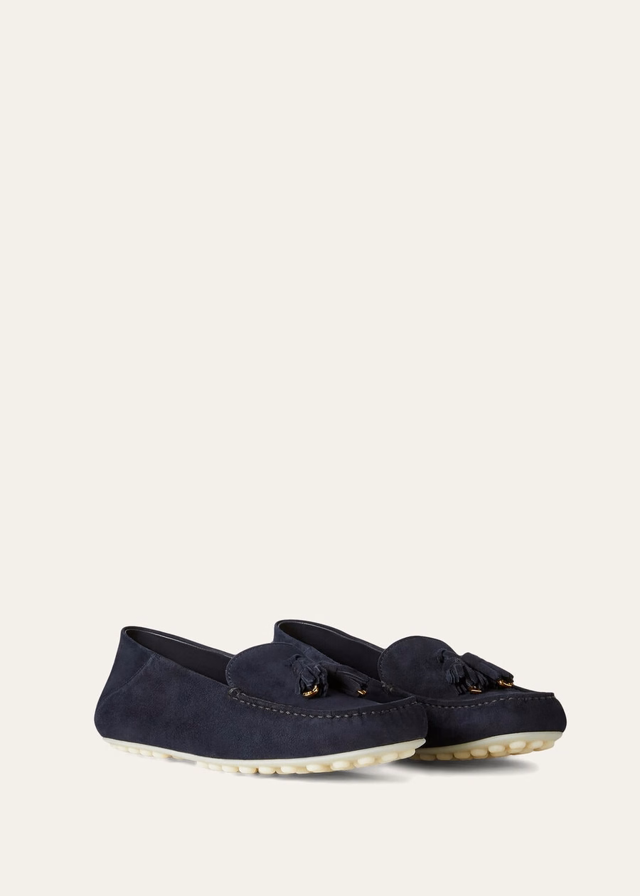 Mocassins met stippenzool in geitenleer, marineblauw/zonnegoud.