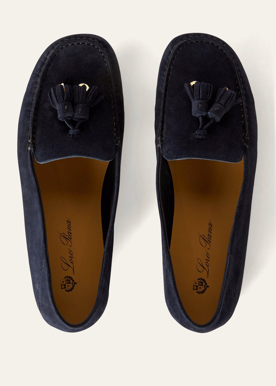 Mocassins met stippenzool in geitenleer, marineblauw/zonnegoud.
