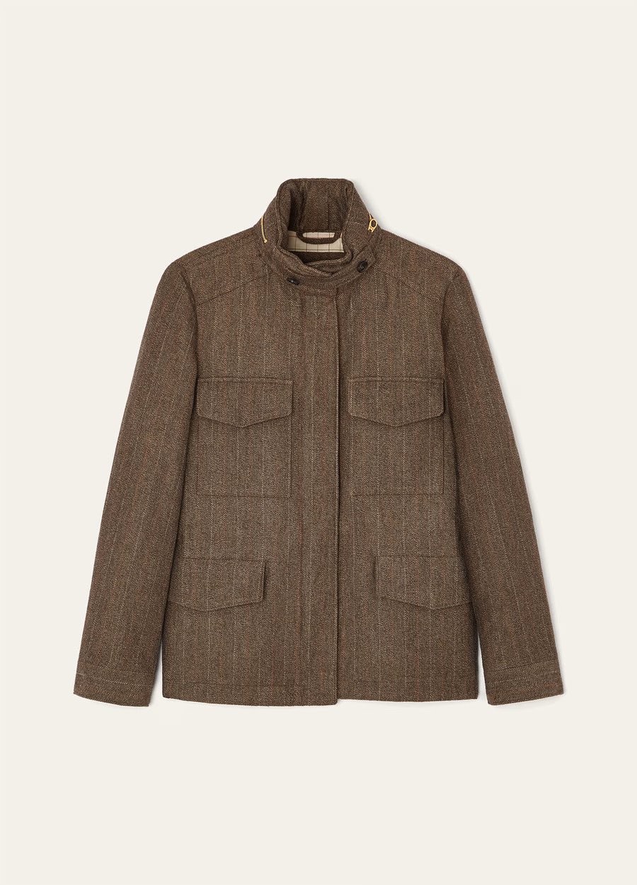 Traveller Mini Field Jacket In Cashmere Virgin Wool Green Brown Mouliné