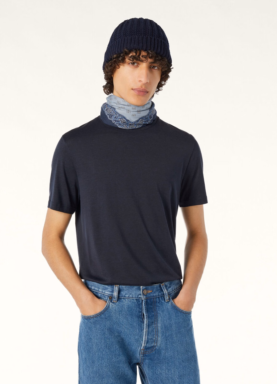 Zacht katoen-zijden T-shirt in marineblauw