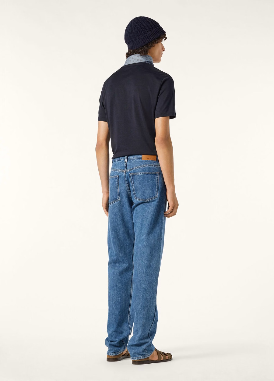 Zacht katoen-zijden T-shirt in marineblauw