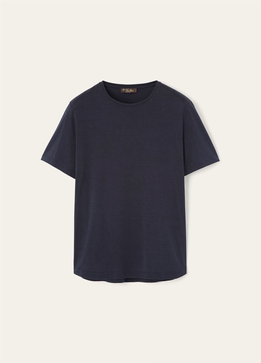 Zacht katoen-zijden T-shirt in marineblauw