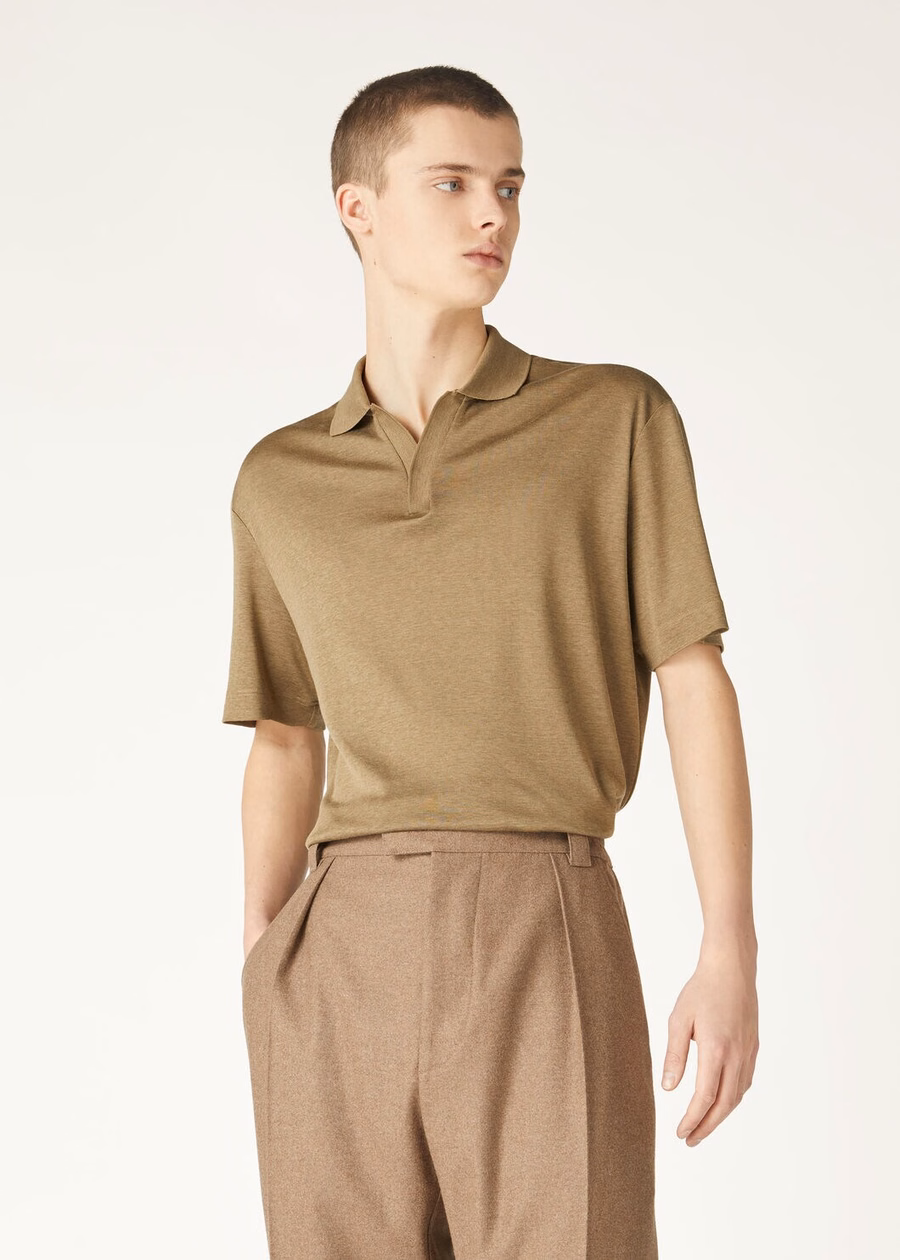 Valpiana polo shirt van katoen en zijde in stoffig kaki