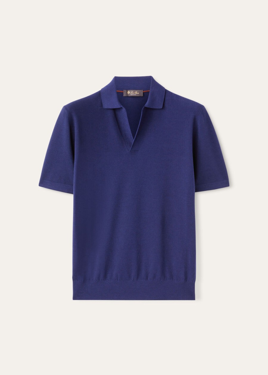 poloshirt zonder knopen katoen zijde kobalt steen