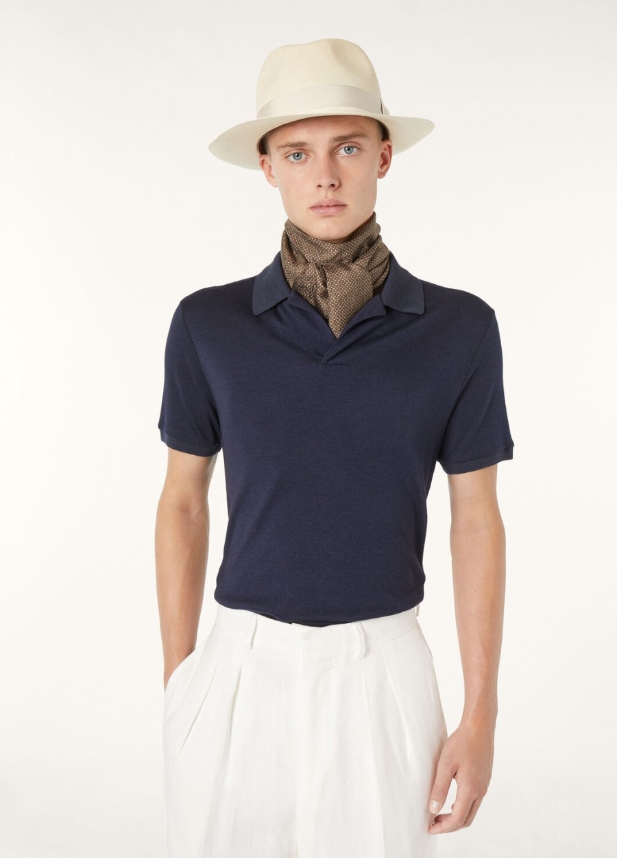 zijden kasjmier poloshirt met ombrépatroon in blauw.
