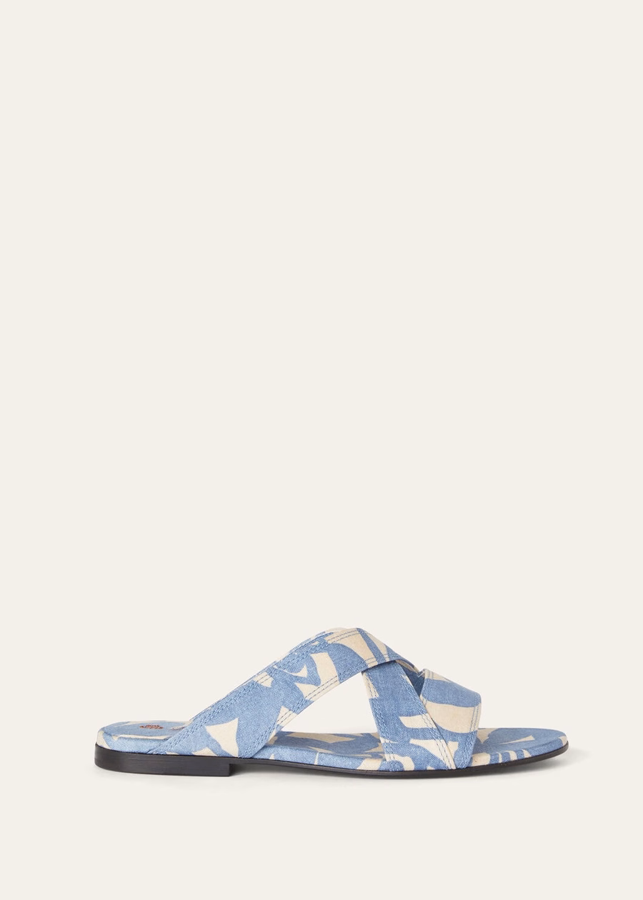 Yuki Flat Mule Linen Beau Blue/Creamed Honey