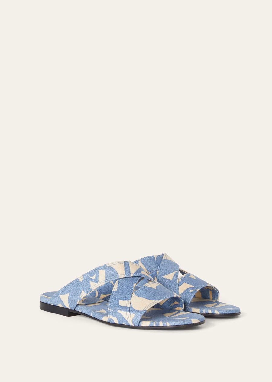 Yuki Flat Mule Linen Beau Blue/Creamed Honey