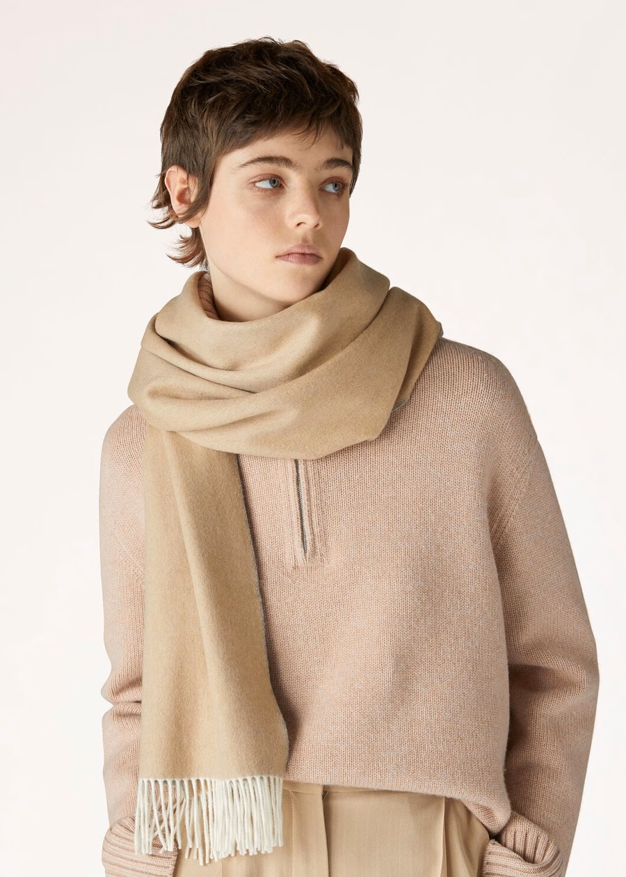 Tweekleurige sjaal van babykasjmier in camel/flanel melange