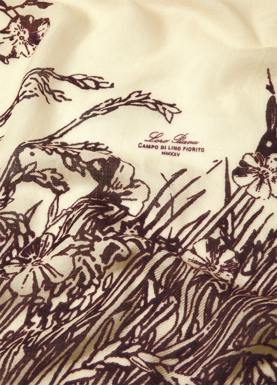 loro piana campo di lino fiorito zijden kasjmier sjaal papyrusbordeaux