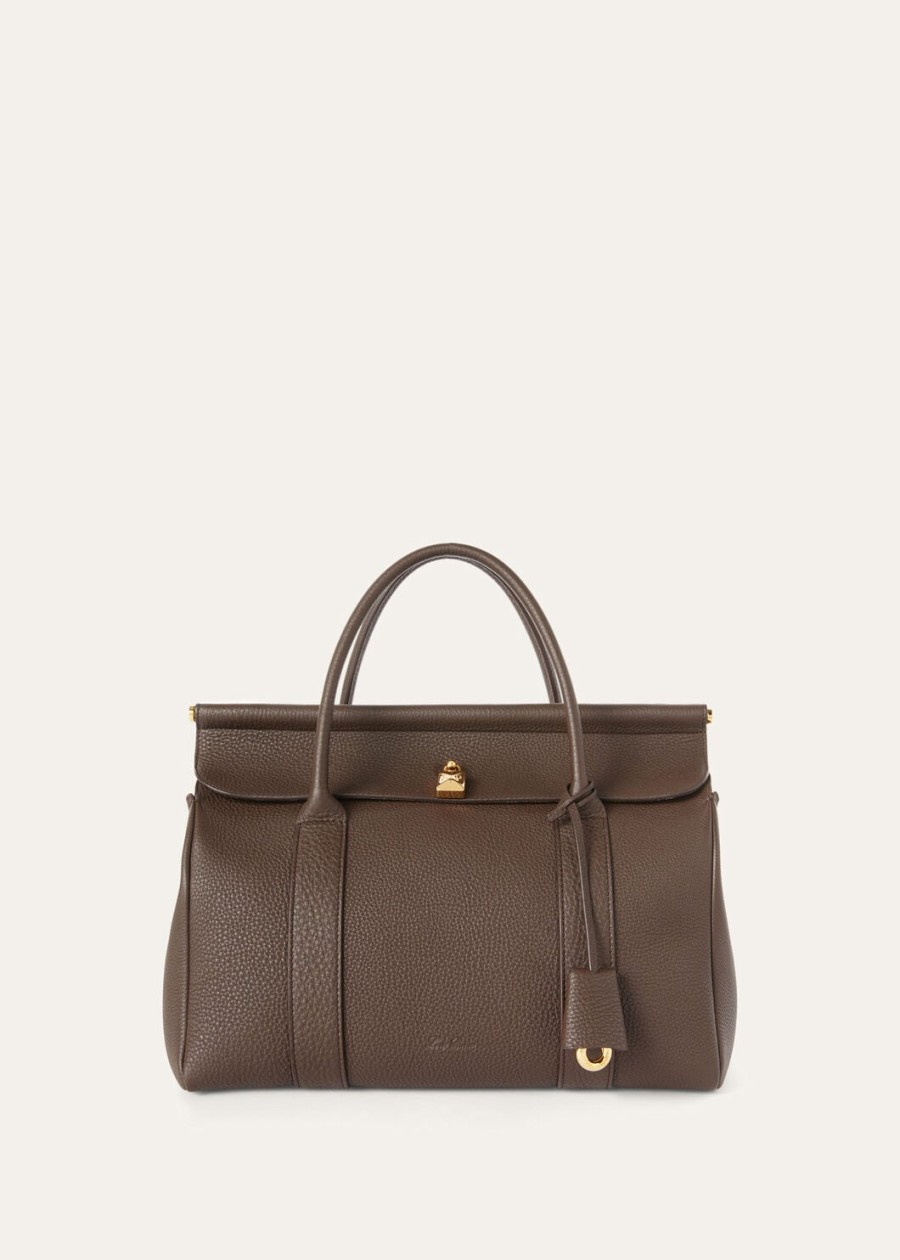 loom bag l32 van generfd kalfsleer donkerbruinzonnegoudkleurig.