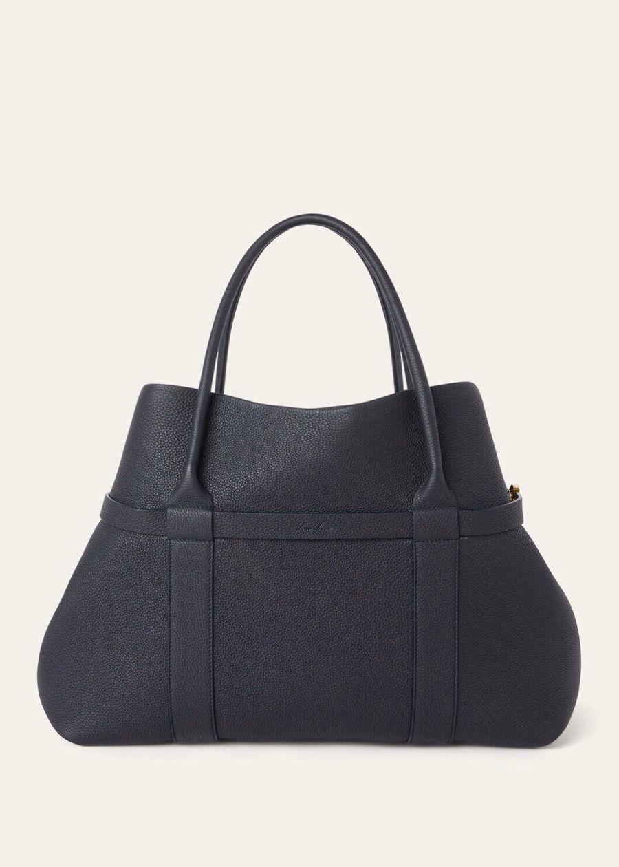 Grote shopper ring van kalfsleer in de kleuren blauw marineblauw/zonnegoud.