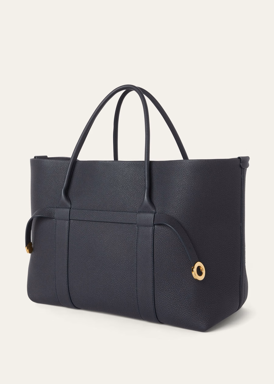 Grote shopper ring van kalfsleer in de kleuren blauw marineblauw/zonnegoud.
