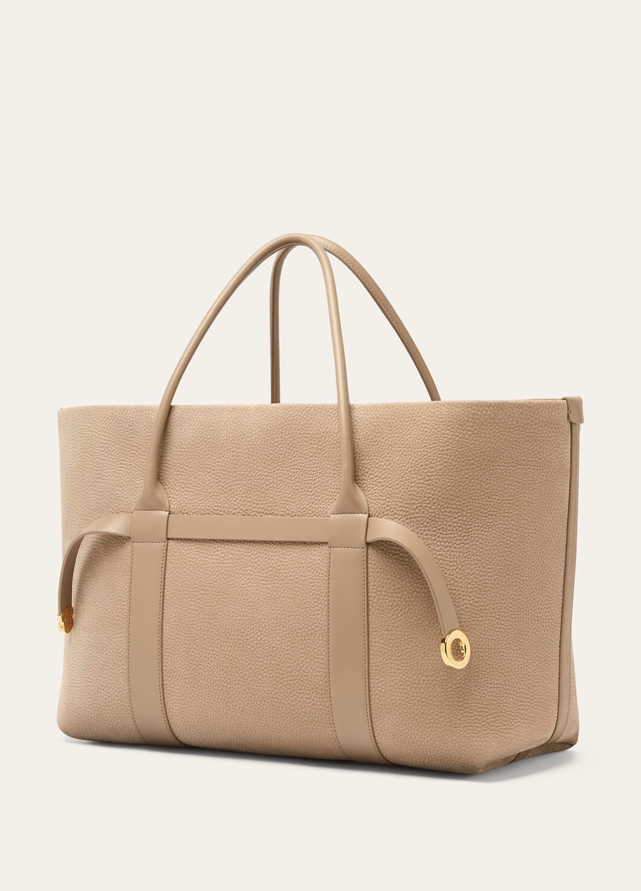 Grote shopper ring van kalfsleer in de kleuren fuchsia taupe/zonnegoud.