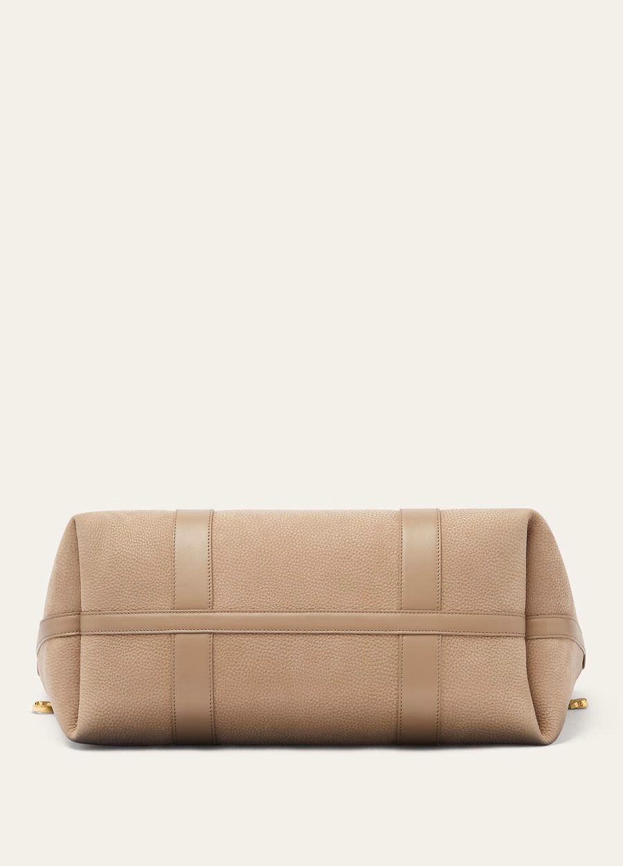 Grote shopper ring van kalfsleer in de kleuren fuchsia taupe/zonnegoud.